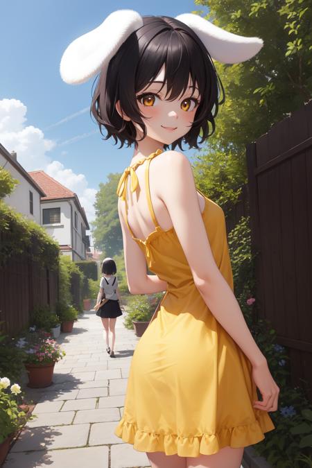 2486771-2427332847-masterpiece, best quality, absurdres, perfect anatomy, 1girl, solo, Inaba Tewi, short hair, black hair, from behind, sundress, y.png